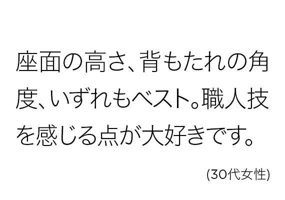 座面の高さ、背もたれの角度、いずれもベスト。職人技を感じる点が大好きです。(30代女性)